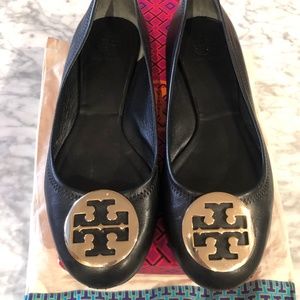 Tory Burch Reva Black Leather Flats Size 10